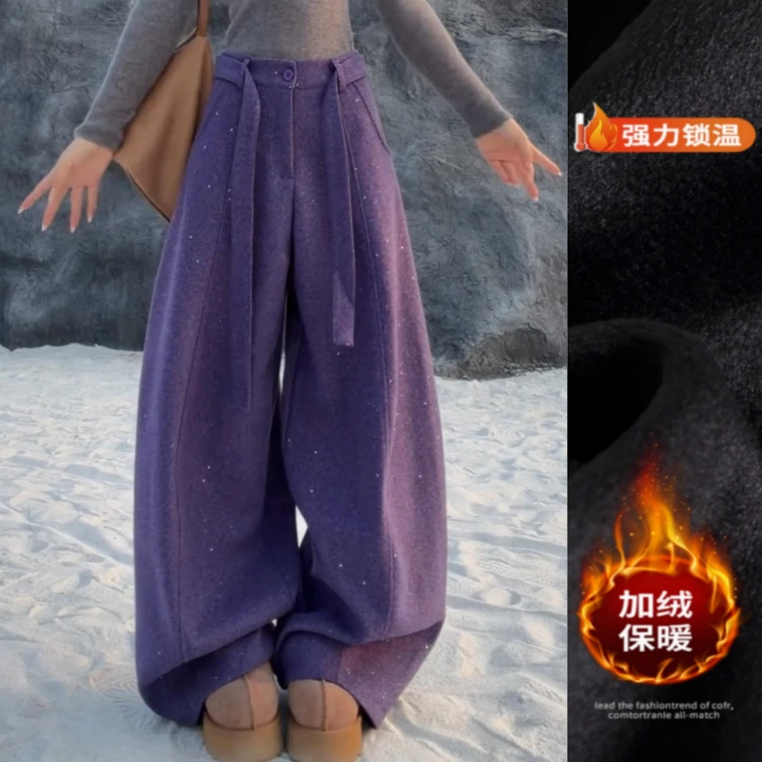 时髦洋气满天星弯刀休闲裤2025冬季新款加绒显瘦宽松阔腿裤
