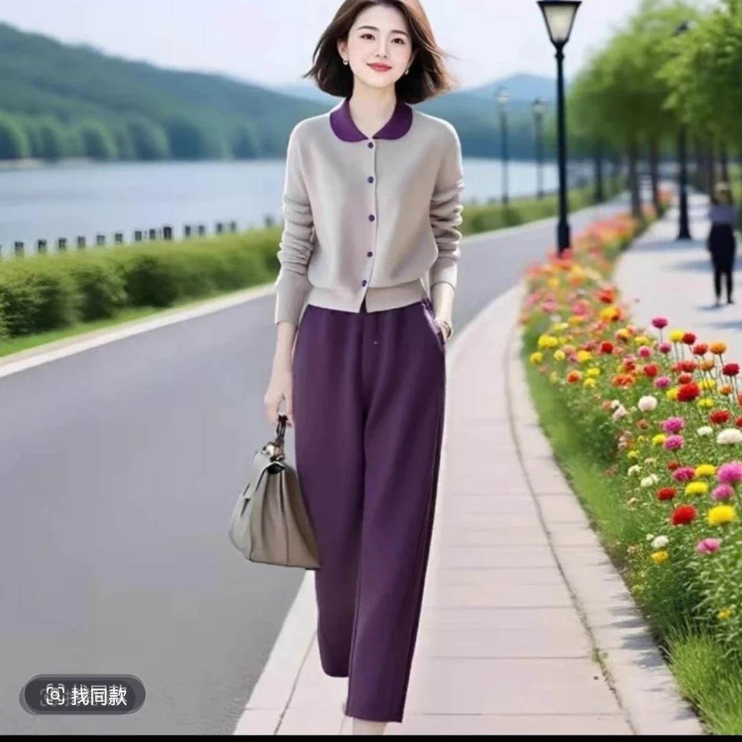 2025秋季新款设计感女装高级撞色翻领卫衣套装气质裤子两件套