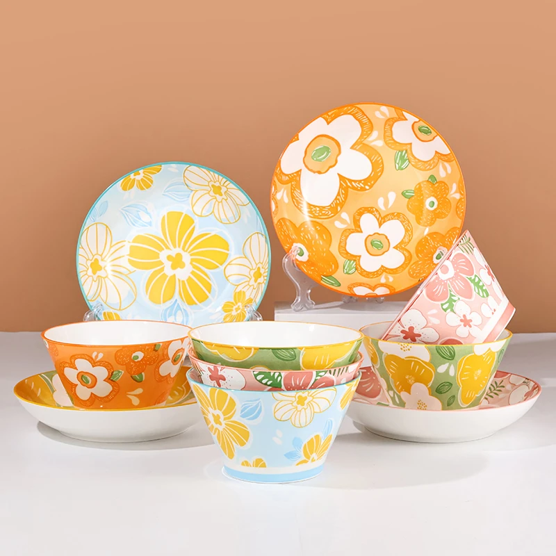 孟垣高颜值花漾年华10件套家用釉下彩沙拉斗笠碗沙拉盘子陶瓷餐具