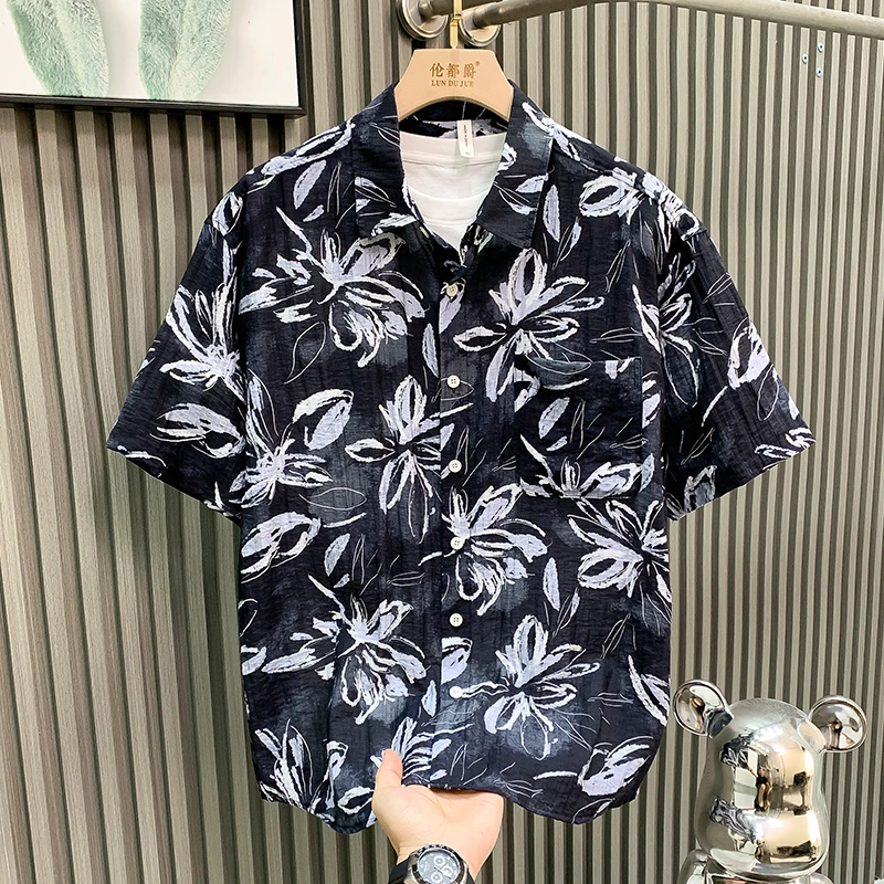 DeweLvum轻奢潮牌新款高端短袖衬衫男高级感碎花时尚半袖衬衣男士