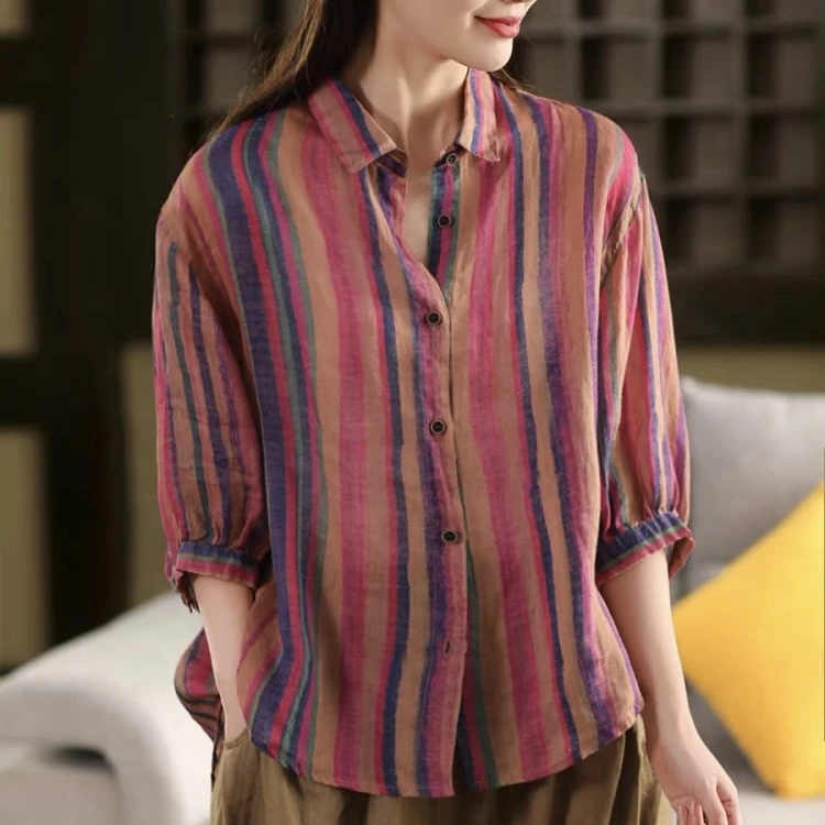 【七分袖玫黄条纹苎麻衬衫】3688