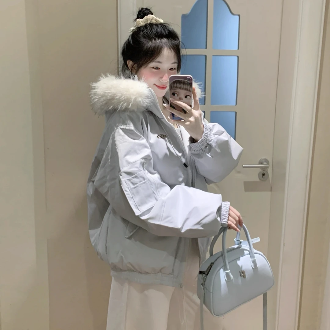 大毛领棉服女冬季2025新款棉袄外套小个子加厚工装派克服保暖棉衣