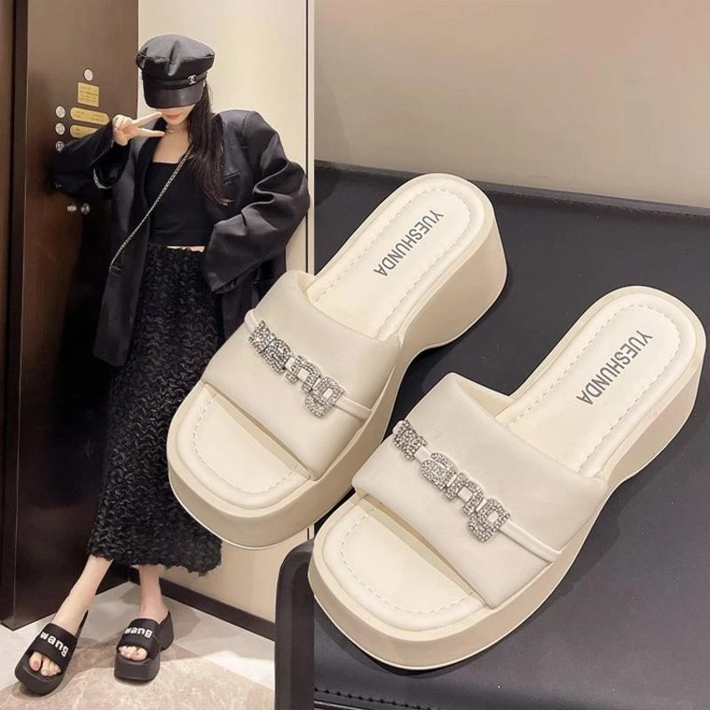 夏季水钻纯色一字拖7厘米拖鞋露趾一字型甜辣千金风厚底凉拖鞋