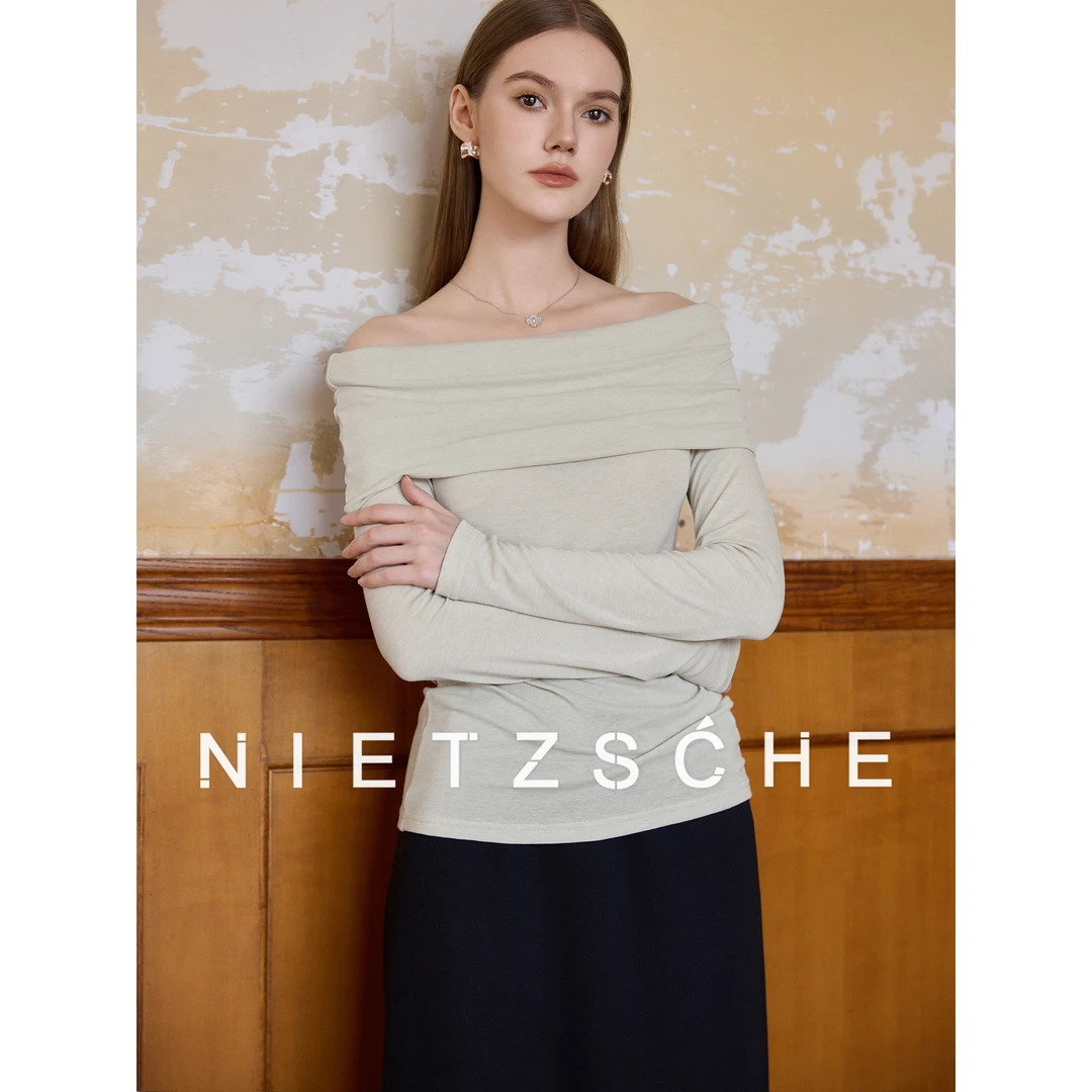 尼采 官方直营｜软香玉｜天丝羊毛 一字翻领心机漏肩气质上衣61959