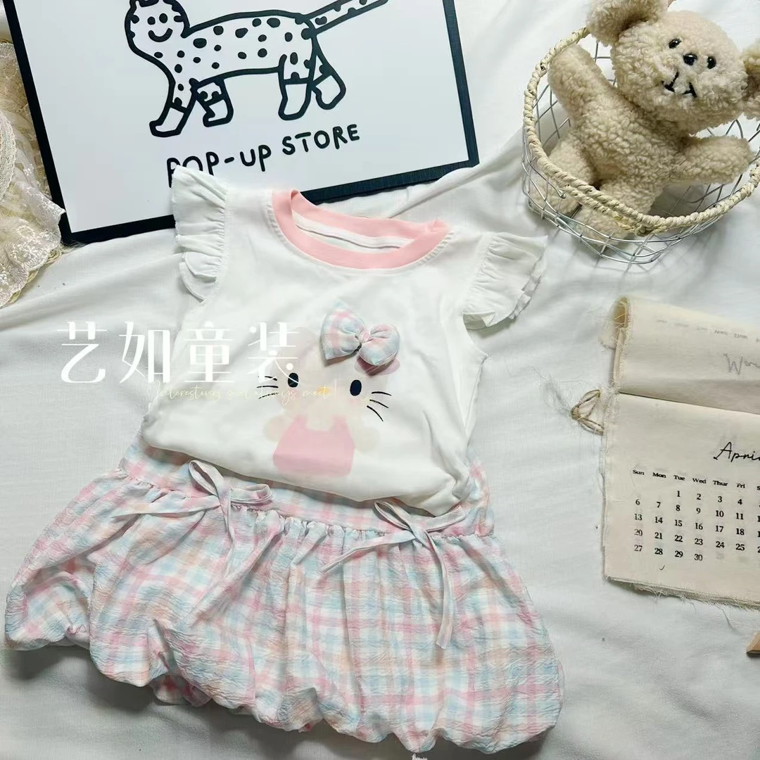 番茄家*【随性精致】夏季上新凯蒂猫无袖格子花苞裙套装D-W774