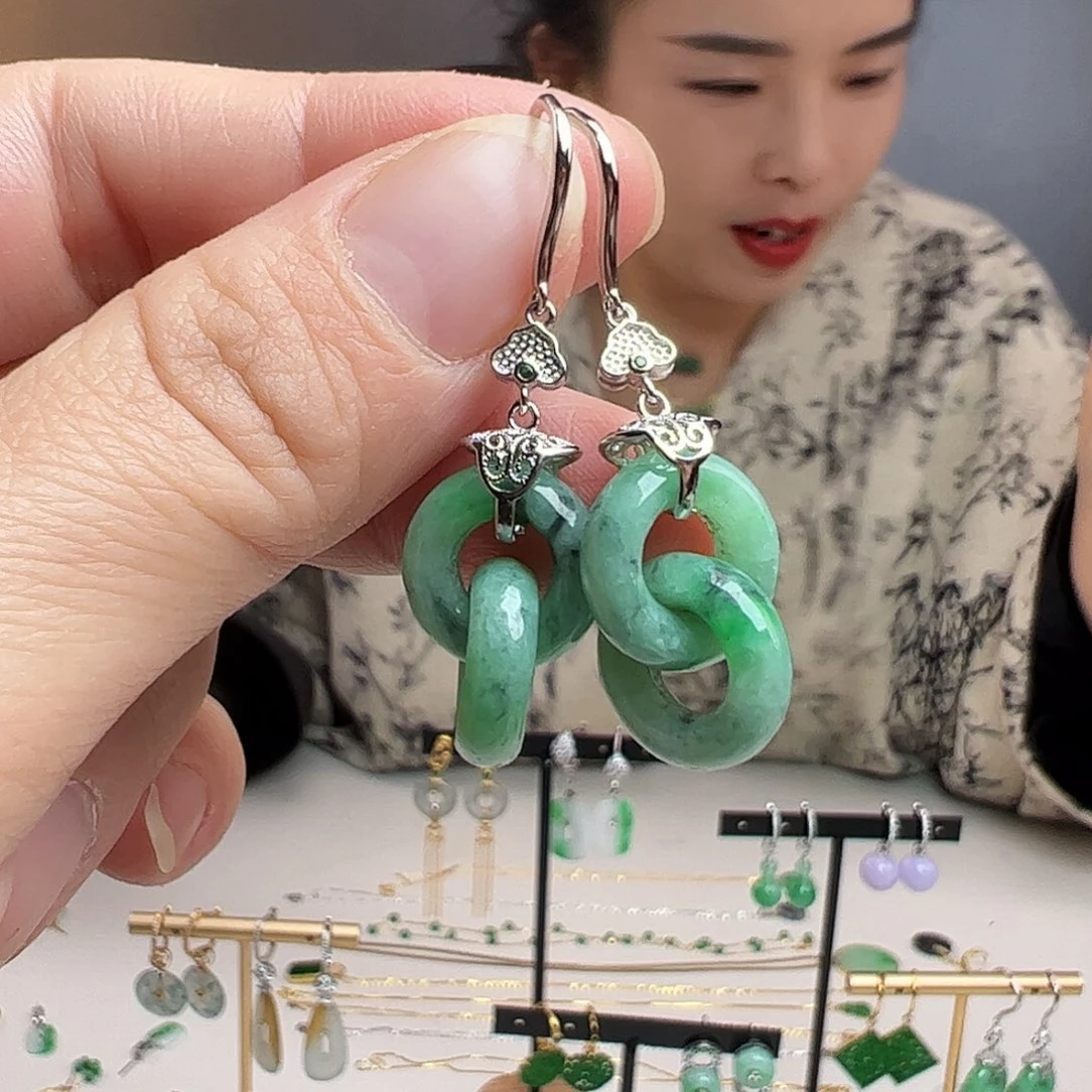 翡翠银S925镶嵌耳饰天然翡翠
