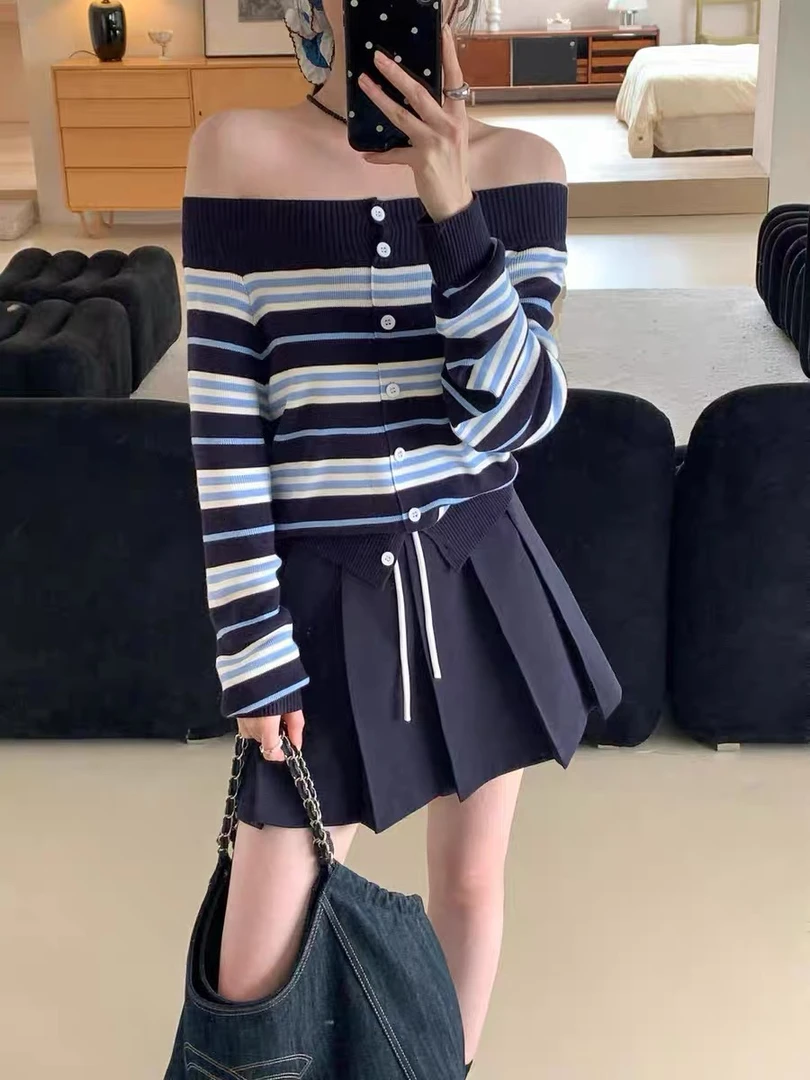 条纹撞色一字肩针织衫2025春季百搭开衫上衣