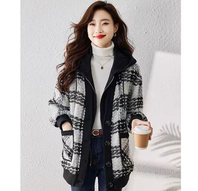 W429春秋通勤时尚气质拼接假两件格子外套DM9