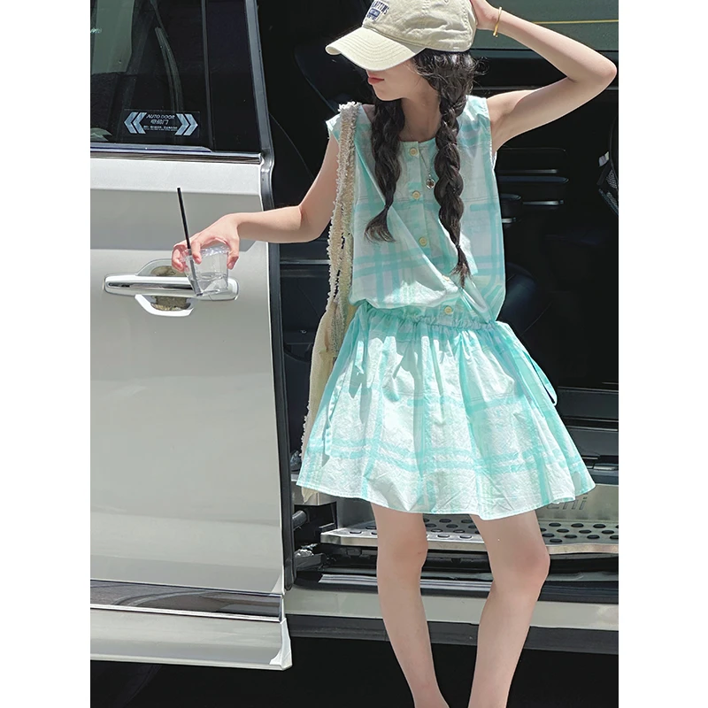 K29151韩系格纹女童连衣裙2025新款夏装儿童休闲背心裙子A字短裙