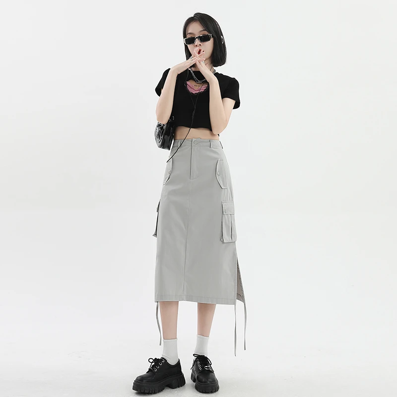 哥弟阿玛施正爆款米灰色美式复古直筒Bella风工装半裙甜酷辣妹中