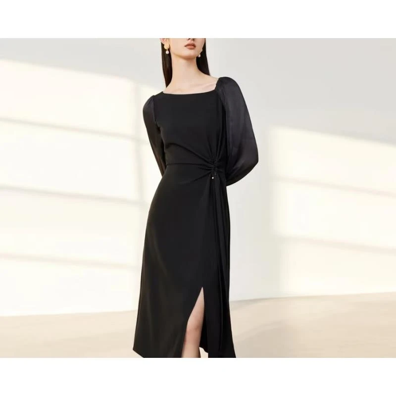 H1923 气质方领褶皱收腰显瘦连衣裙24秋长袖裙子女