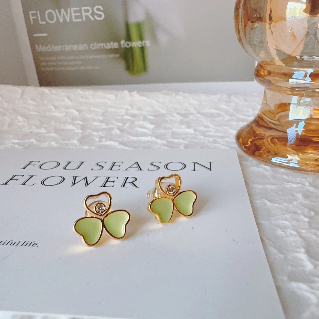 铜合金珐琅耳饰 3052 三叶草绿色滴釉耳钉