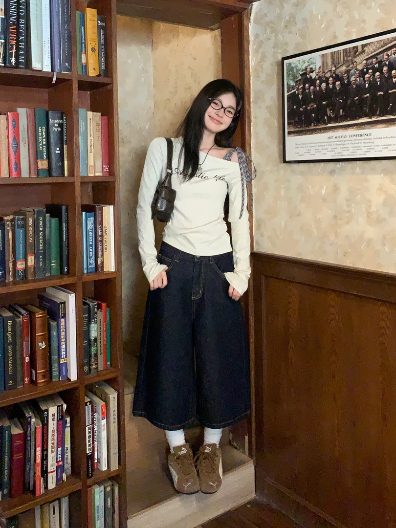 宋正恩复古蓝牛仔裤女七分裤高腰宽松阔腿裤百搭裤子AAF229