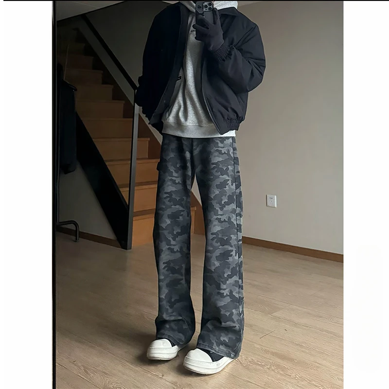 美式复古弯刀阔腿迷彩工装裤男潮牌新款vibe高街痞帅直筒休闲长裤