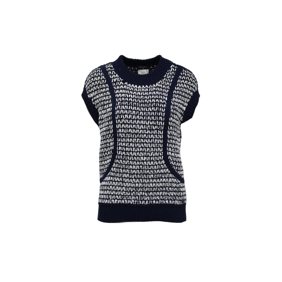 95新 Chanel/香奈儿  拼色 棉 蓝白编织背心马甲P225581104