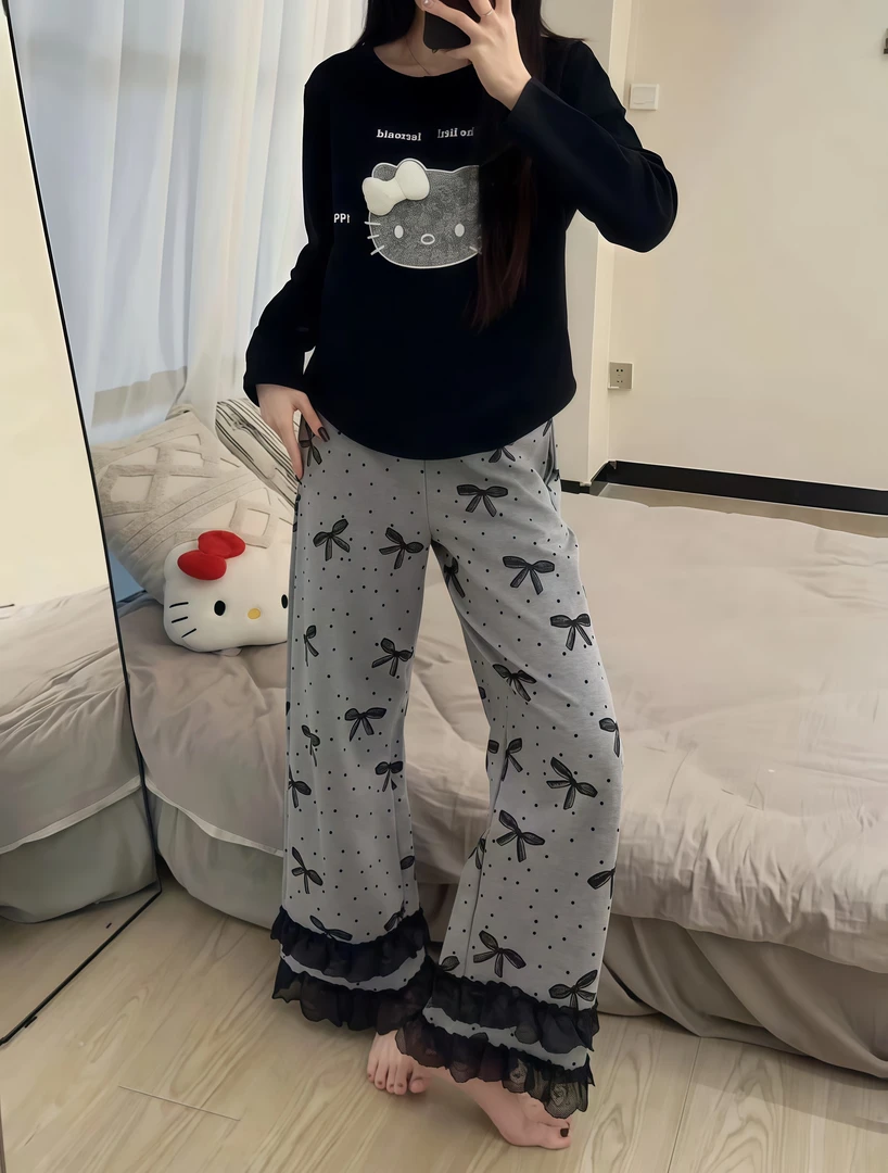 韩版ins甜美少女蕾丝花边新款睡衣女春秋卡通可爱宽松长袖家居服