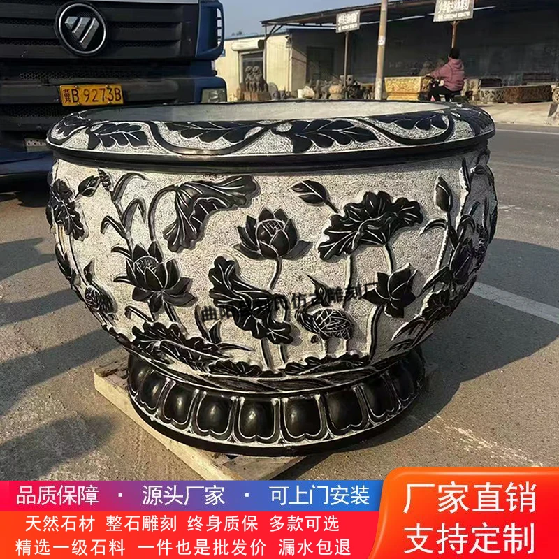 青石材质石雕鱼缸可作流水花盆庭院广场酒店装饰摆件