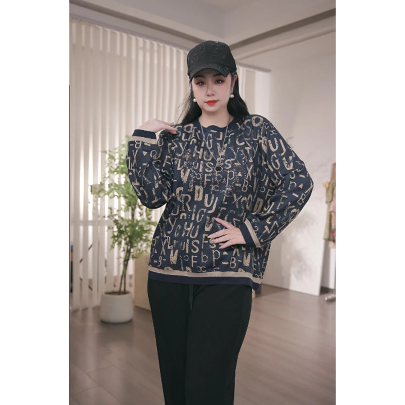 大码女装宽松型街头圆领常规长袖大码T恤