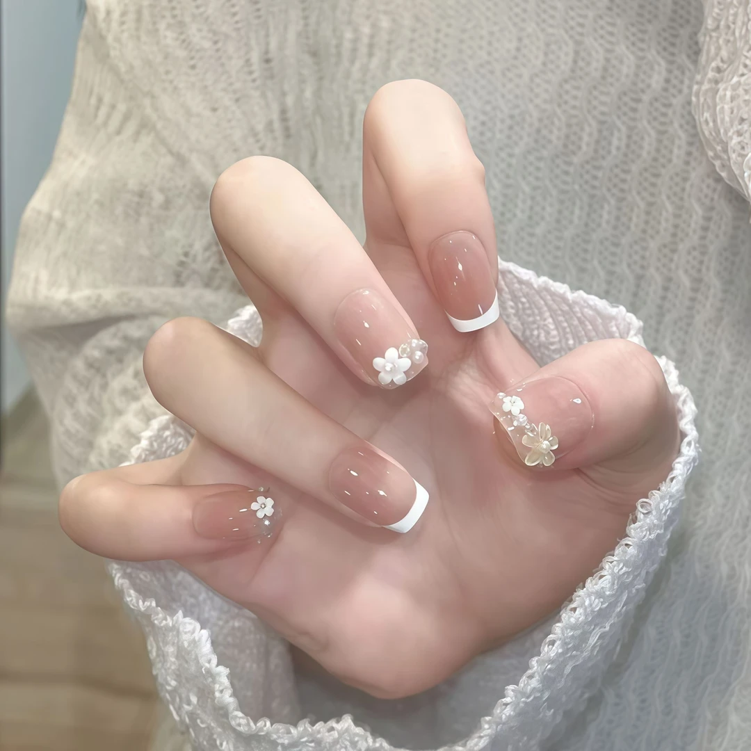 夏日清新法式高级感珍珠美甲片穿戴甲温柔显白美甲游戏假指甲