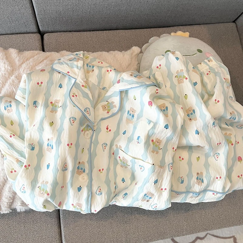 日系ins少女风可爱小熊云朵棉睡衣女夏季短袖短裤薄款家居服套装