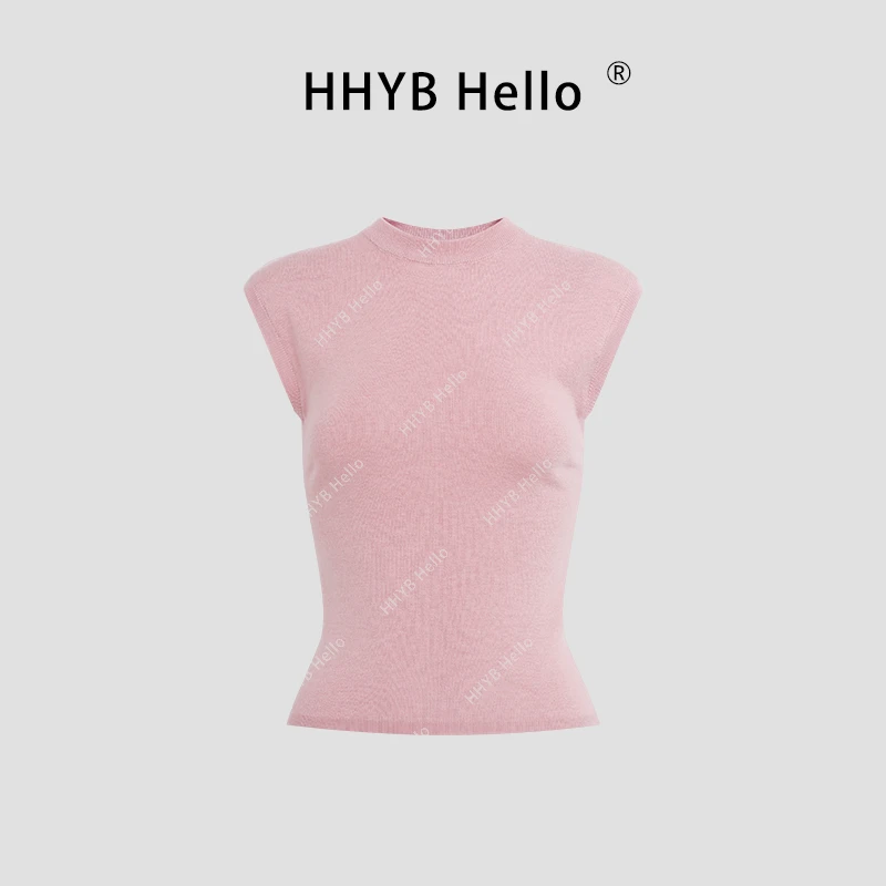 HHYB Hello2025春夏新款法式百搭圆领无袖针织衫女简约上衣M1065