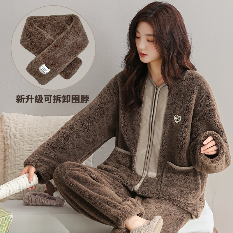 琥珀流光 高定睡衣 女秋冬季珊瑚绒家居服法兰绒加厚款加绒套装