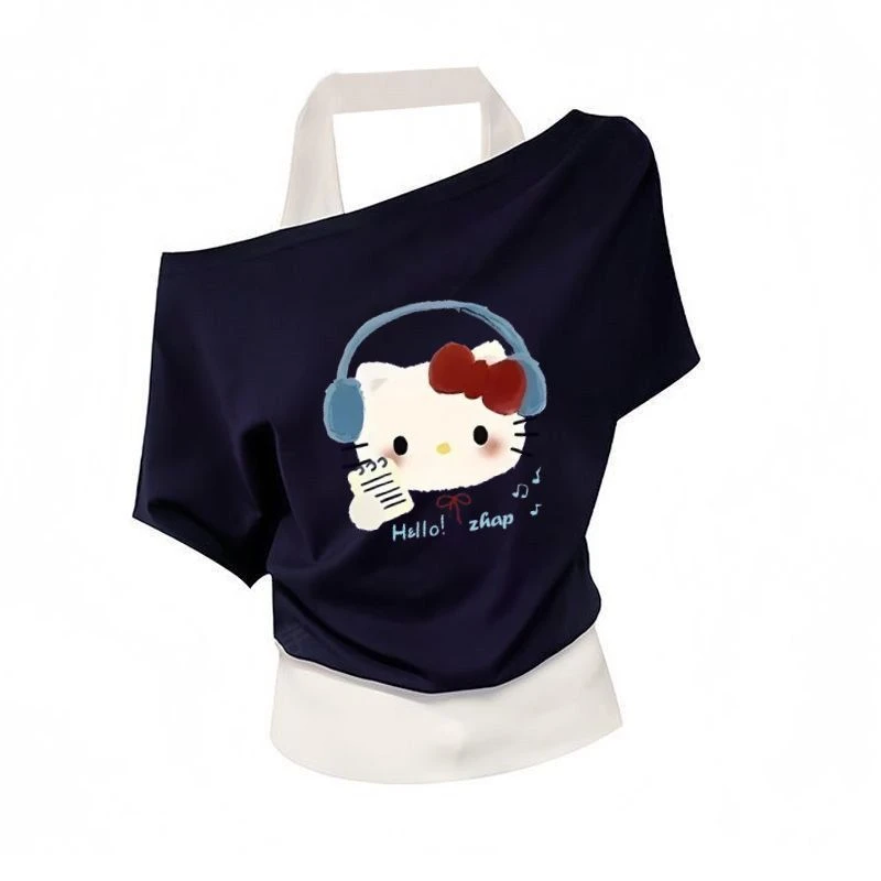 【ZHAP】新款露肩挂脖假两件撞色短袖t恤女藏青色chic气质日系多巴