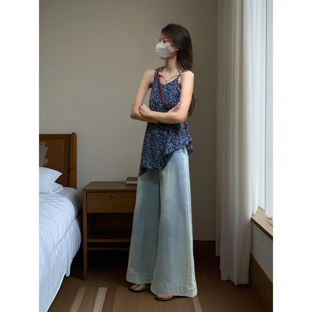 复古蓝色碎花吊带裙上衣女2025夏季设计感小众穿搭阔腿裤两件套装