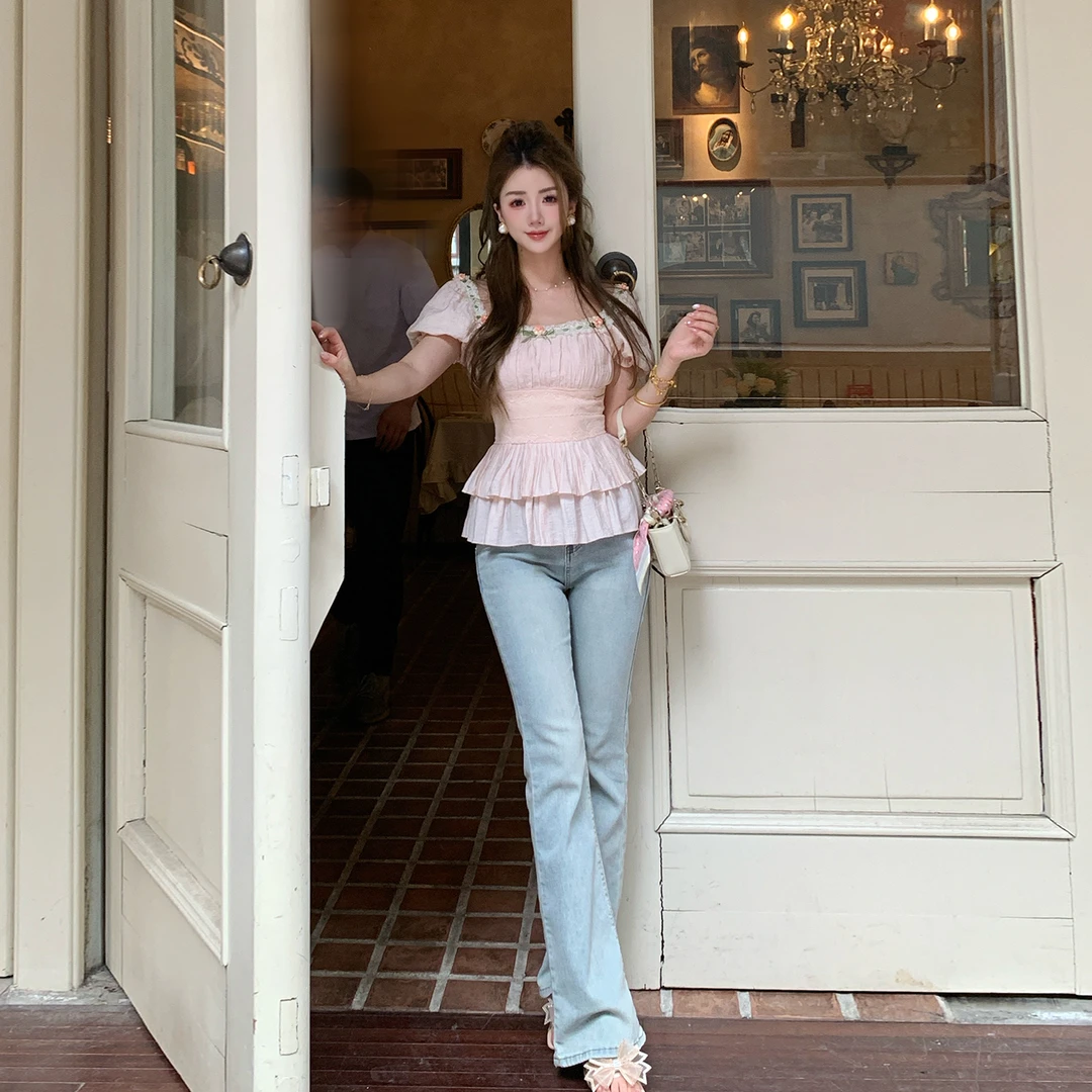 冰冰来了【腿模神裤】简约少女百搭微喇长裤复古小个子牛仔裤27225