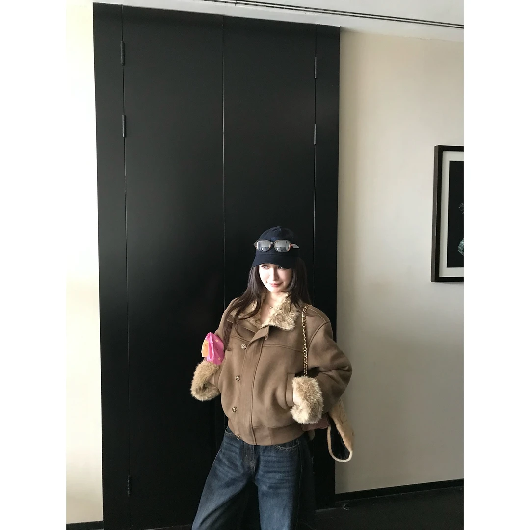 安嘉儿/美式咖色翻领羊羔毛开衫女秋冬复古加绒保暖短款夹克外套