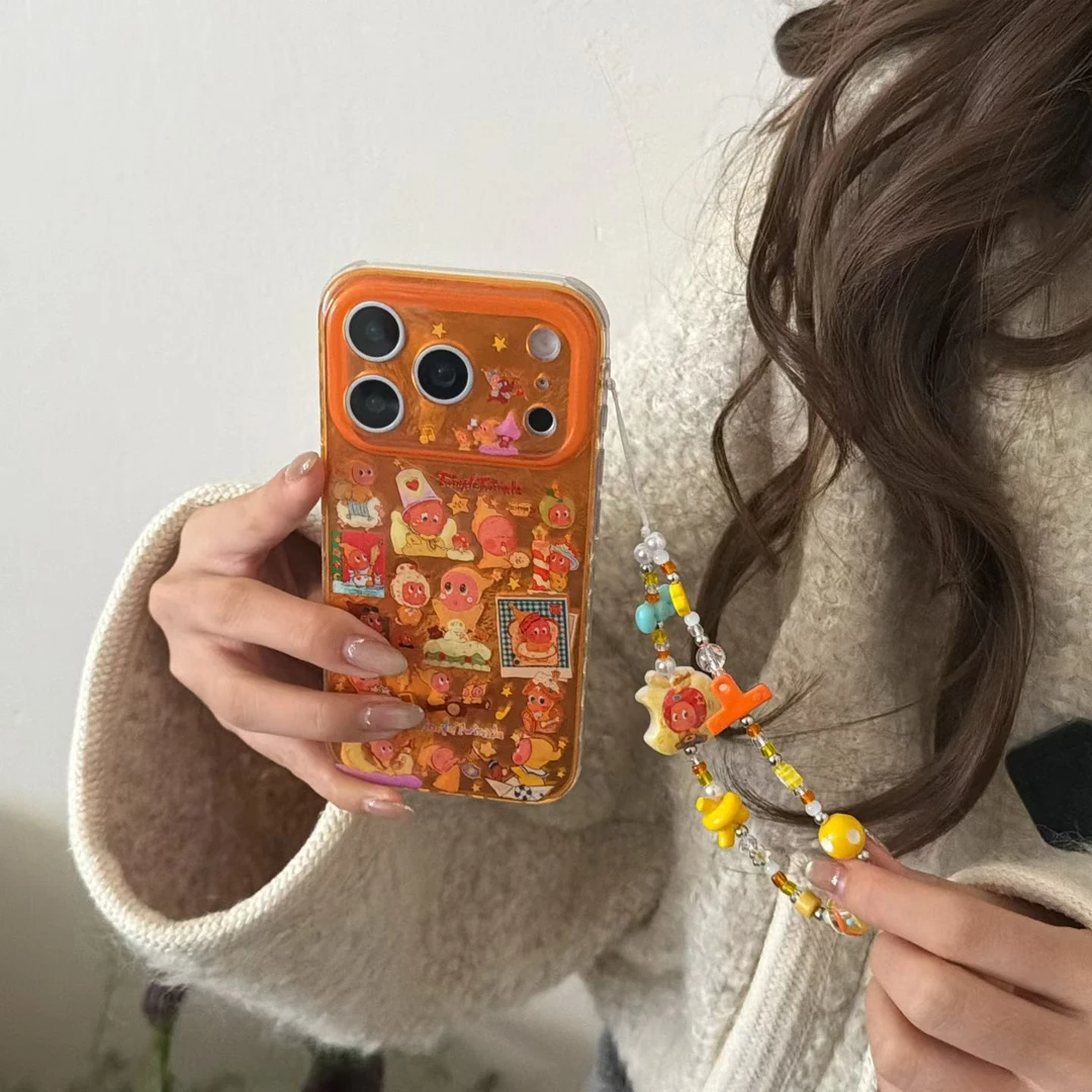 橙色满屏星星人带手链适用苹果17promax手机壳新款iphone16pro/15