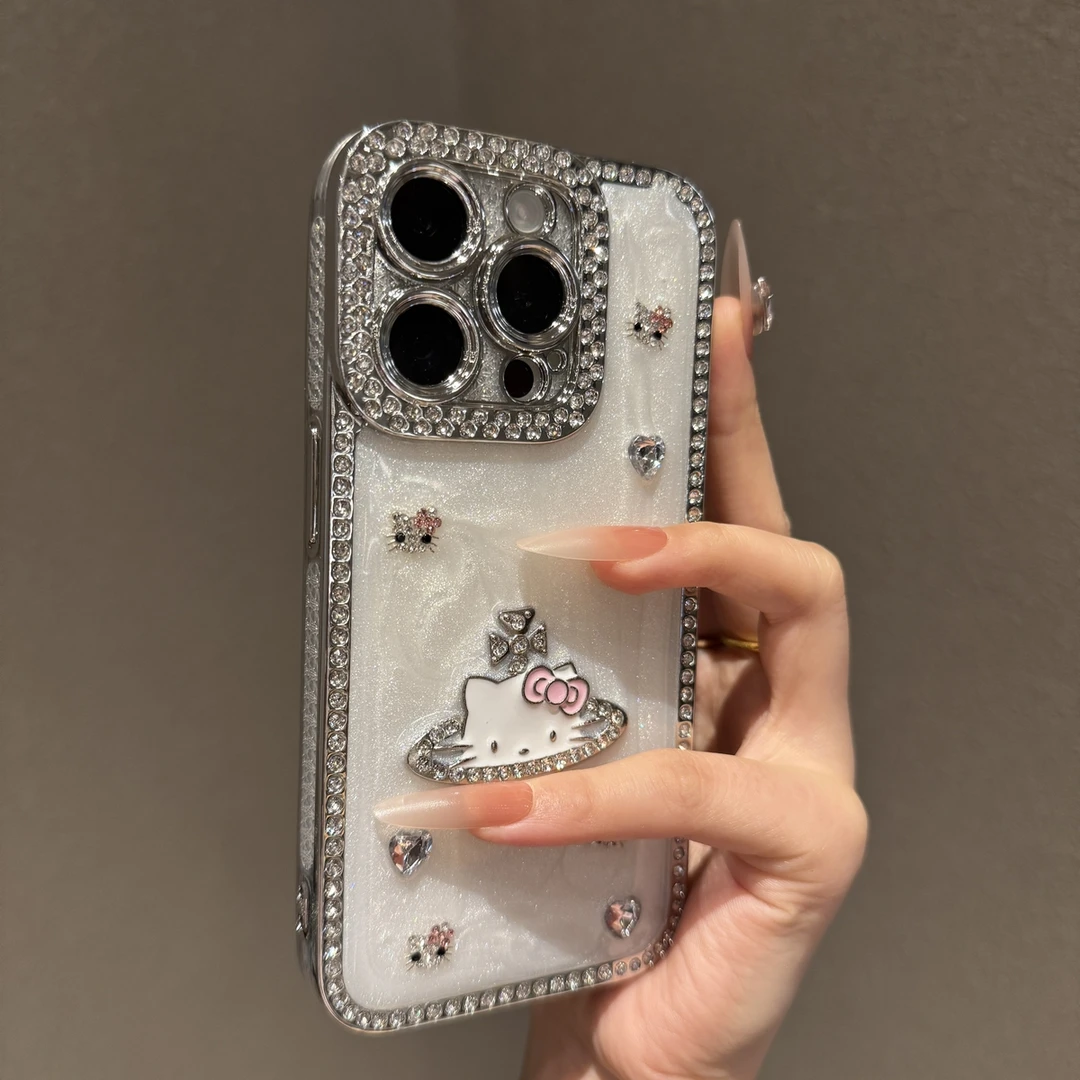 轻奢镶钻KT猫适用苹果16promax手机壳高级iPhone15时尚14小众13女
