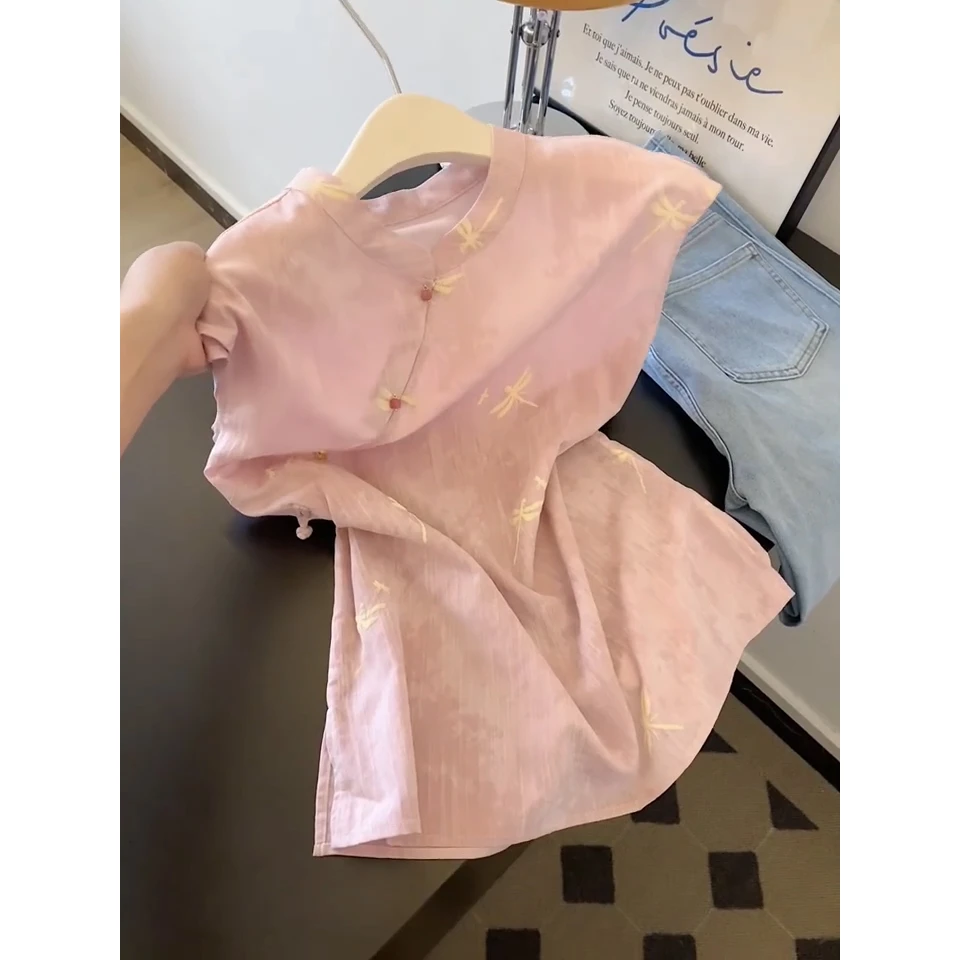 新中式粉色斜襟无袖上衣女2025夏季新款甜美减龄气质国风背心