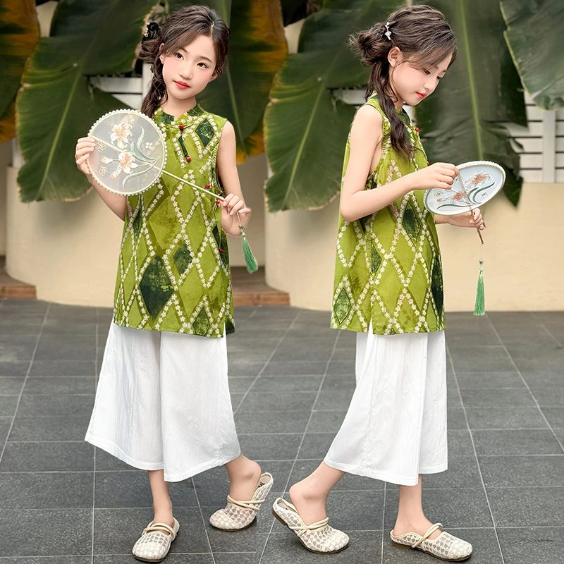 女童新中式汉服套装夏季女孩洋气复古马甲背心宝宝宽松薄款阔腿裤