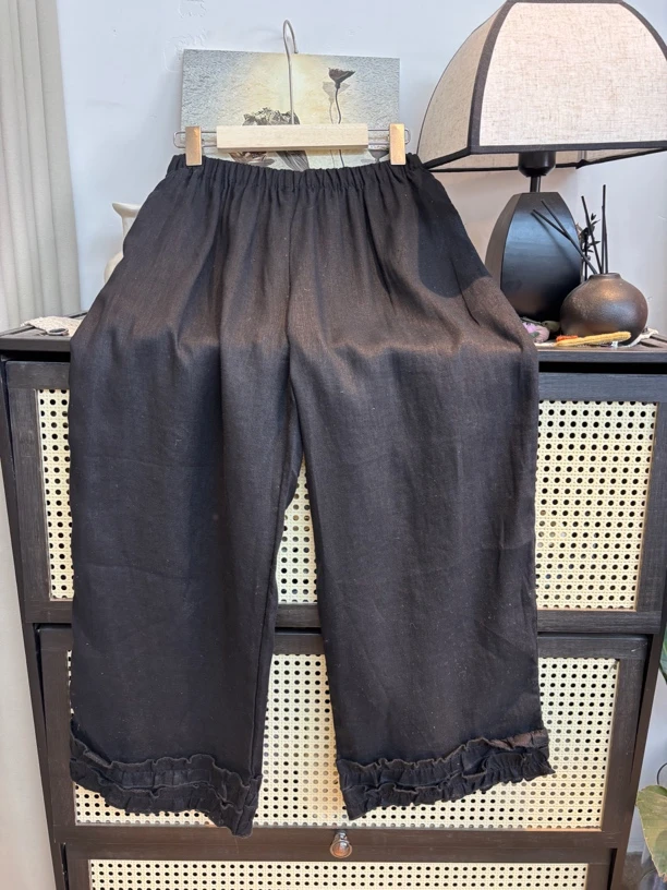 染禧极简百搭花苞边裤脚松紧腰休闲裤