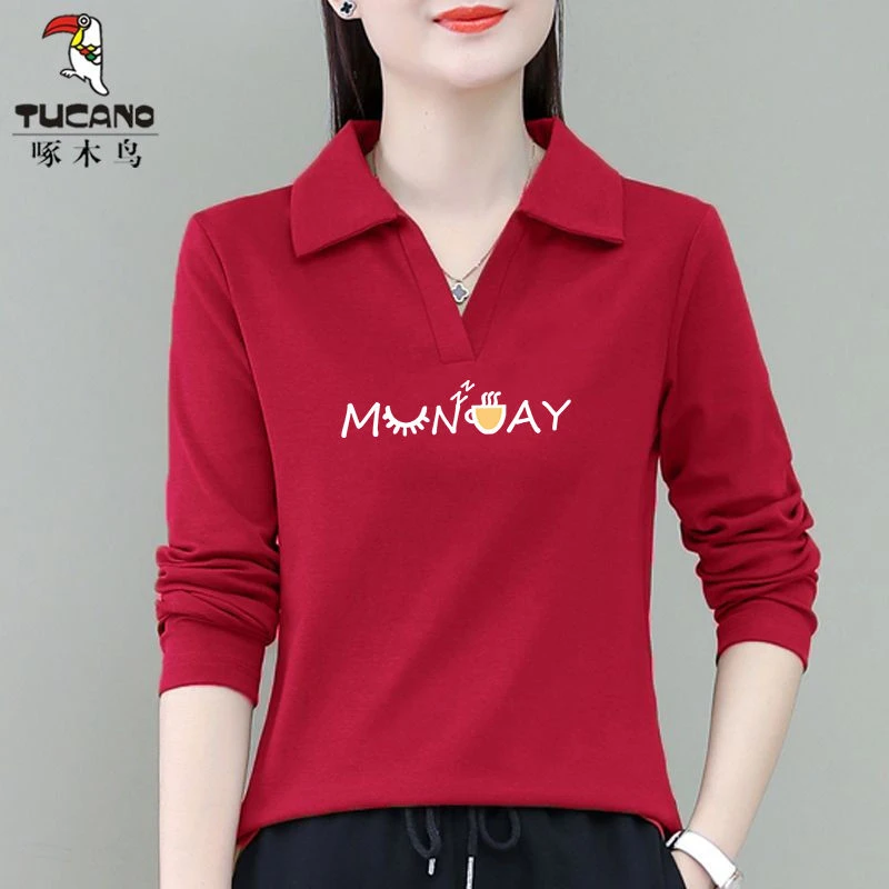 啄木鸟长袖百搭印花T恤女春秋2025年新款洋气大码翻领套头打底衫