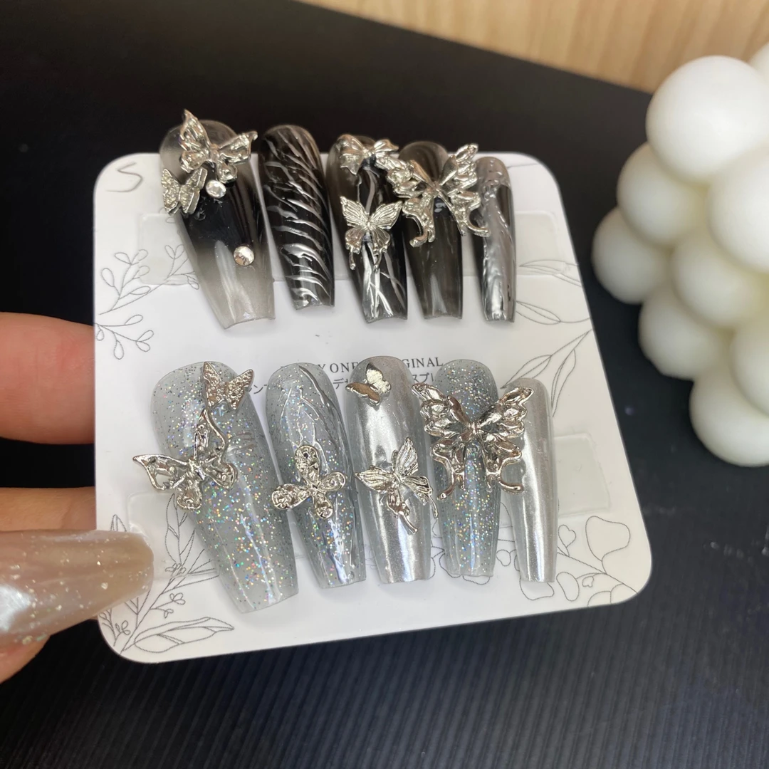 纯手工穿戴甲超长梯欧美辣妹小众黑色美甲蝴蝶重工显白黑皮