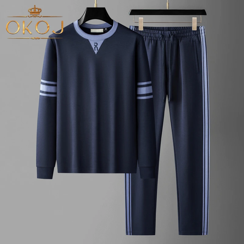 OKOJ时尚休闲两件套男士莫代尔亲肤抗皱秋季新款长袖圆领运动套装