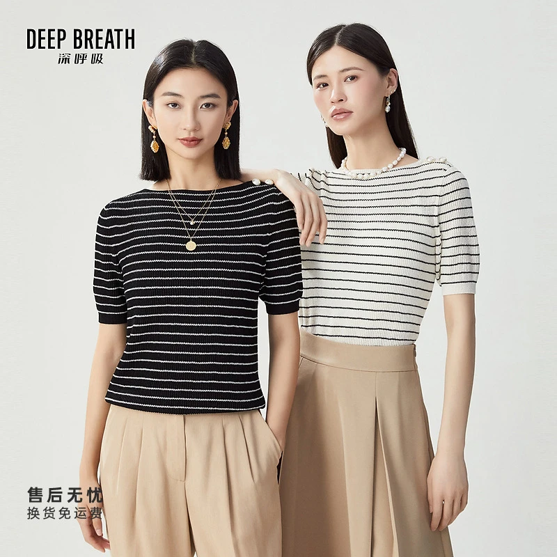 DEEP BREATH深呼吸女装新款船领条纹珍珠扣短袖针织上衣A301516