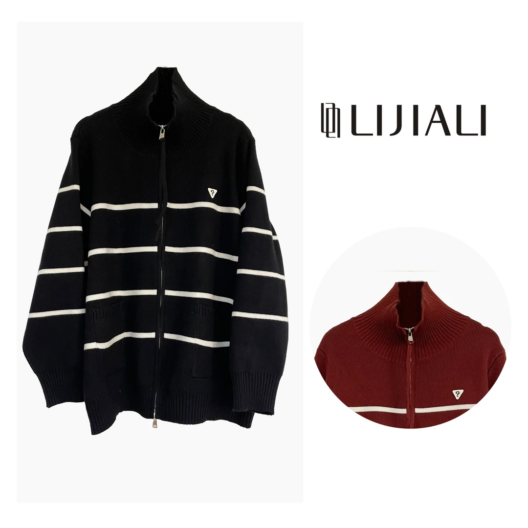 LIJIALI/莉佳丽--2025春装百搭宽松针织大码立领开衫条纹休闲毛衣