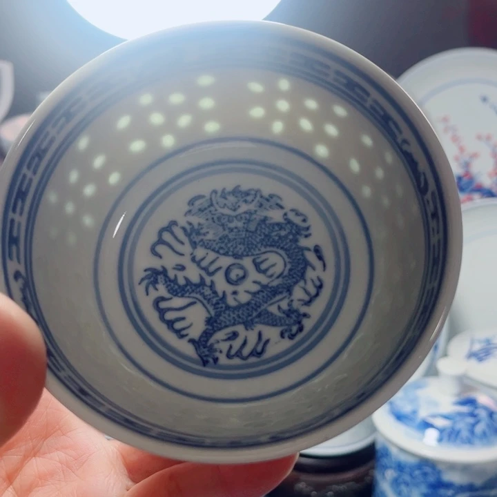 青花玲珑4.5寸小饭碗龙纹60年代