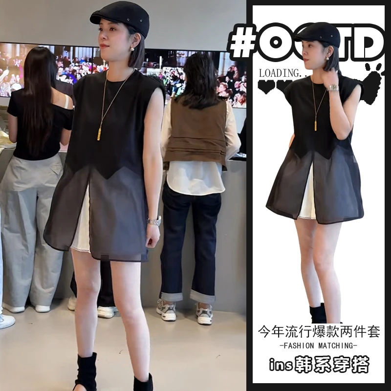 欧货高级感时尚黑色中长款无袖上衣女夏季新款宽松休闲短裤两件套