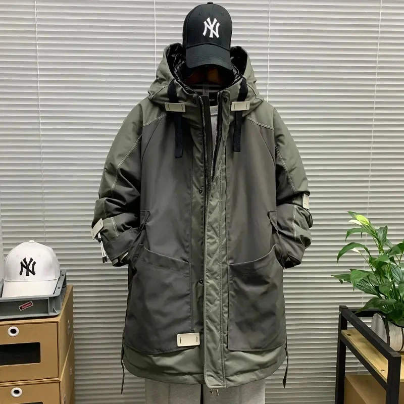 冬季新款工装潮牌加绒加厚保暖中长版羽绒服外套男休闲宽松派克服