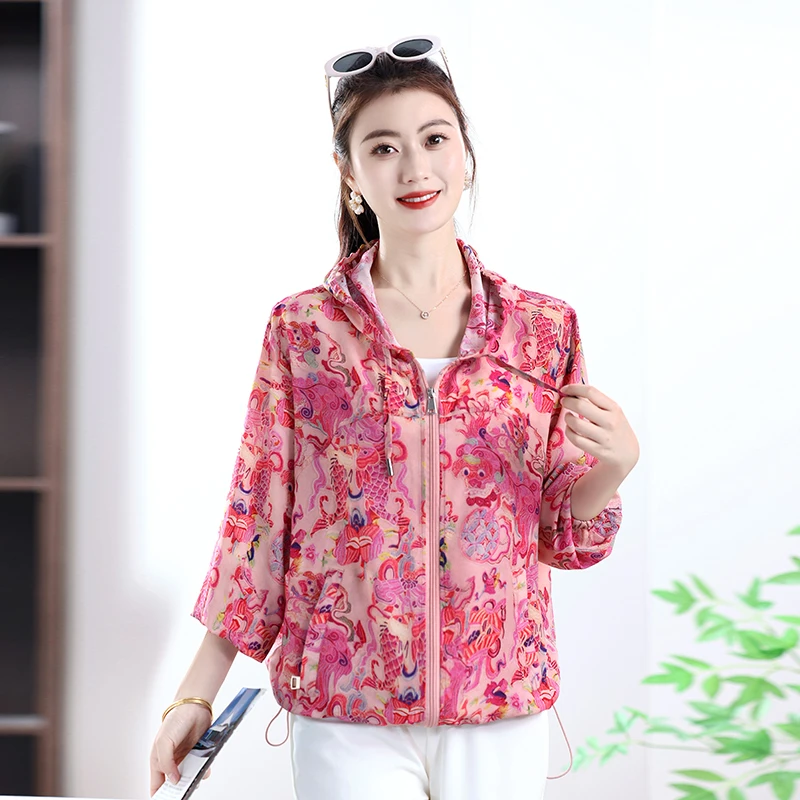 『清凉薄款』夏季新款薄款衣妈妈装连帽宽松拉链显瘦薄款衣外套洋气