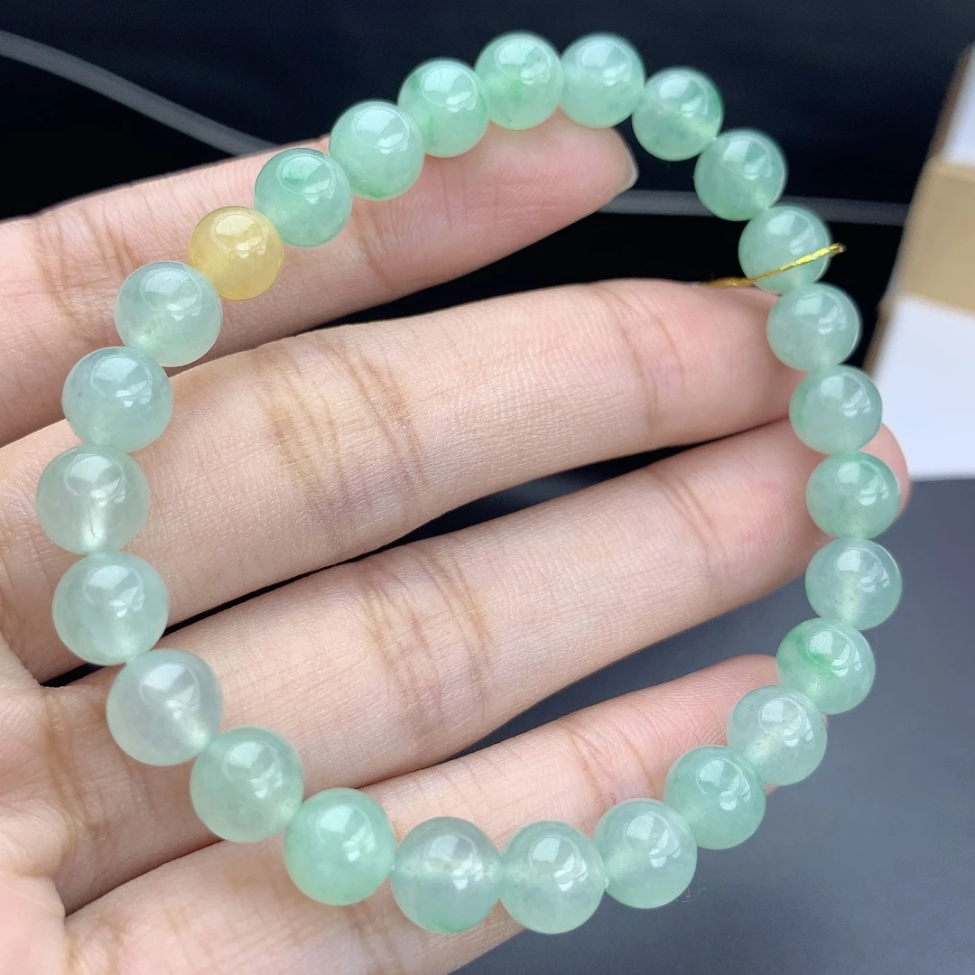 缅甸A货翡翠冰晴绿色晴水圆珠手链手串单圈MLT卡7.2mm