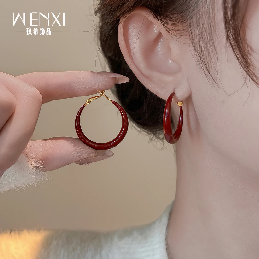 铜合金珐琅耳饰 红色大耳圈耳环秋冬高级感耳钉女小众过年饰品