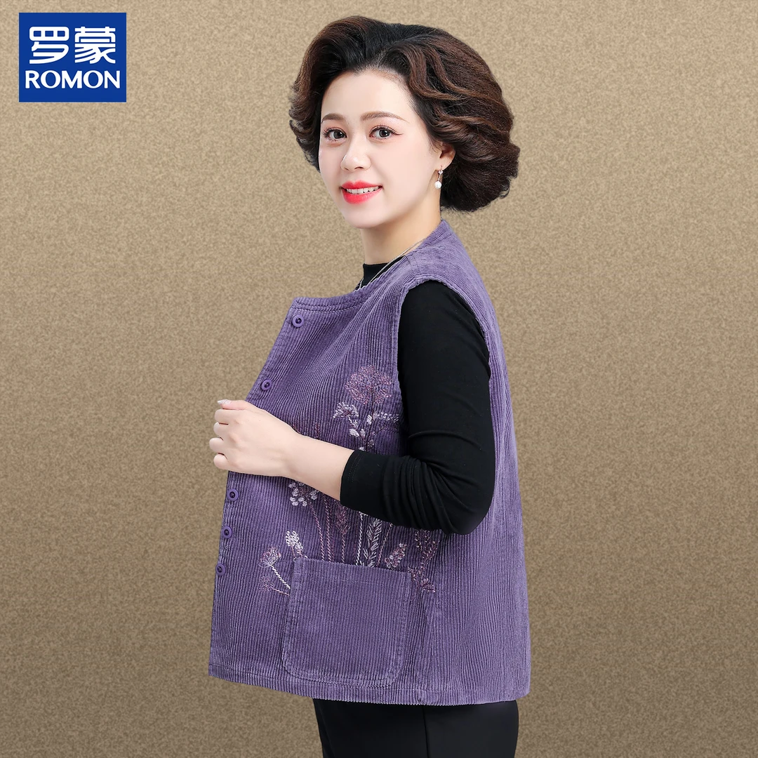 罗蒙时尚气质秋装中年女洋气新款纯棉印花上衣中老年女装秋季马甲