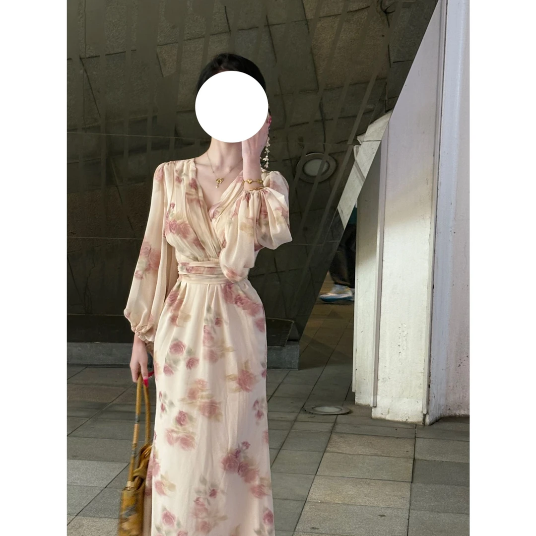 【一然】大码女装春秋碎花裙喇叭袖连衣裙玫瑰花神明少女12659