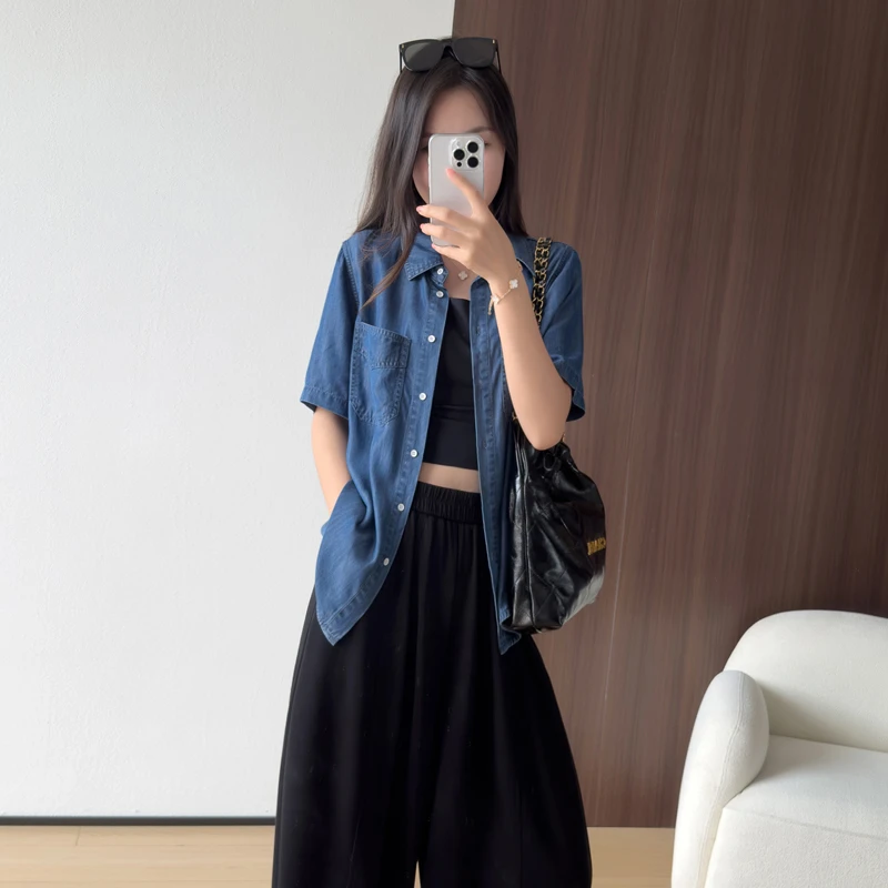 港风阵阵~清爽透气莱赛尔牛仔短袖衬衫垂顺柔软宽松显瘦休闲衬衣