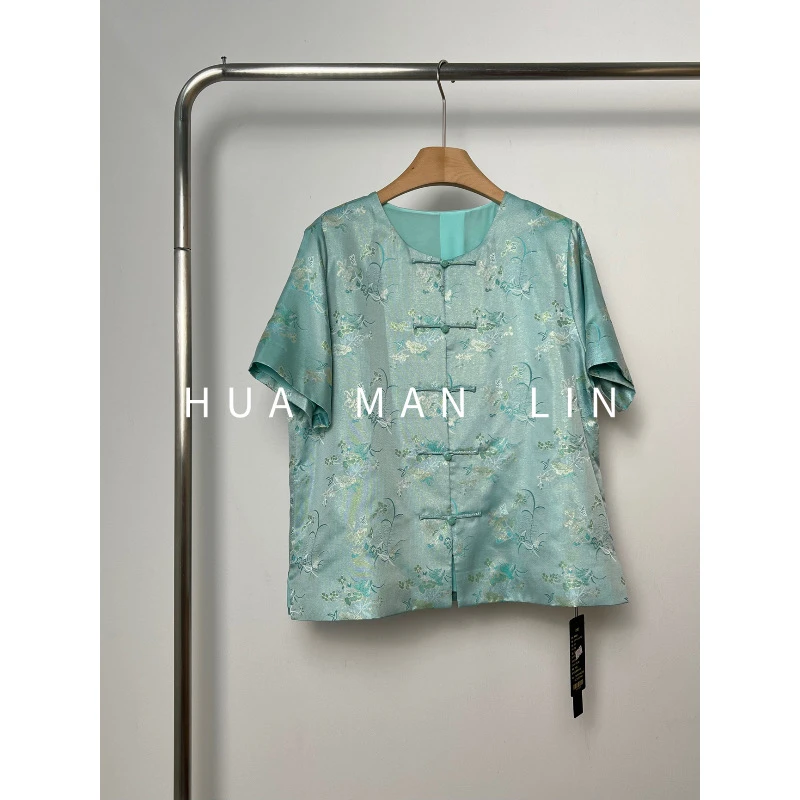 花滿林圆领手工盘扣织金异色花罗桑蚕丝上衣8777